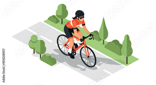 Isometric cycling scene with woman on bicycle in park environment