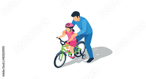 Father teaching daughter to ride a bike in isometric style