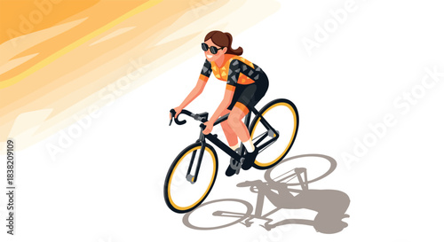 Cycling adventure: woman biker riding in isometric style with vivid colors