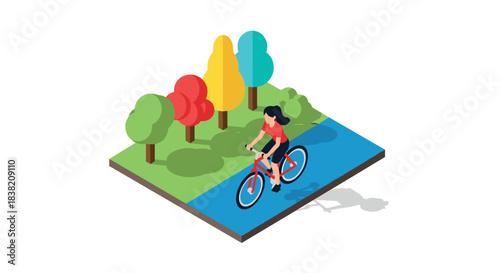 Isometric cycling in vibrant park scenery with colorful trees