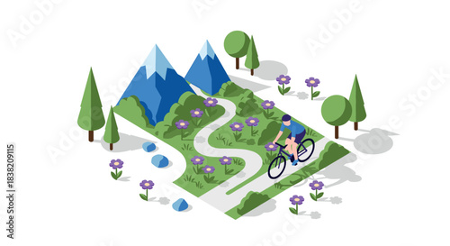 Cyclist enjoying scenic mountain path in colorful isometric nature scene