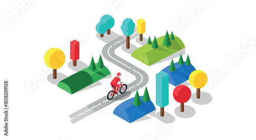 Colorful isometric landscape with cyclist on serene road