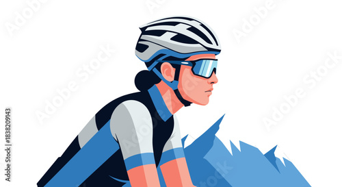 Cyclist in motion with mountain backdrop in modern flat design