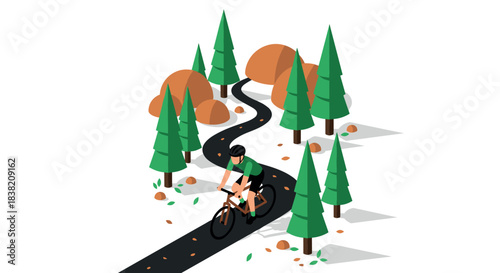 Cyclist on serene forest path with pine trees in isometric design