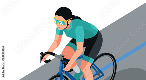 Cyclist in motion on roadway with sunglasses and stylish outfit in flat design