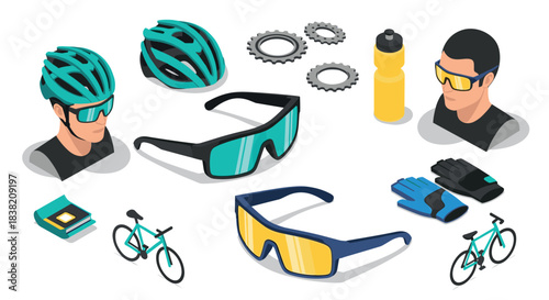 Cycling gear collection: helmets, glasses, and accessories in isometric style