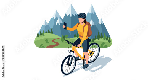 Modern cyclist takes selfie in scenic mountain landscape