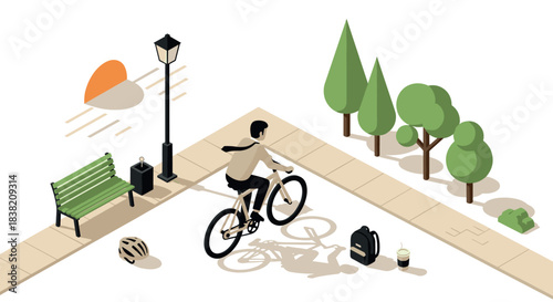 Isometric urban park scene with cyclist and minimalist design elements