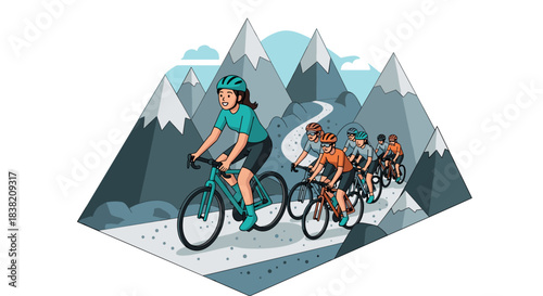 Cyclists enjoying a scenic ride through majestic mountain landscape in isometric style