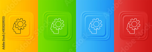 White Human head with gear inside icon isolated on colorful background. Artificial intelligence. Thinking brain. Symbol work of brain. Set icons in square buttons. Vector