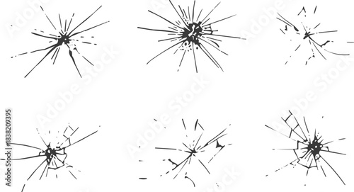 Six black ink drawings of cracked glass textures on a white background broken glass abstract