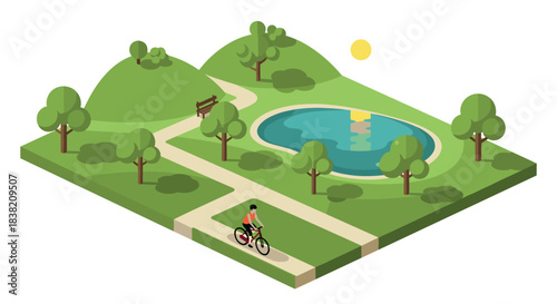Isometric park scene with cyclist near pond and green hills under sun