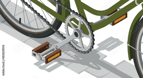 Isometric bicycle chain and pedal detail with shadow on pavement
