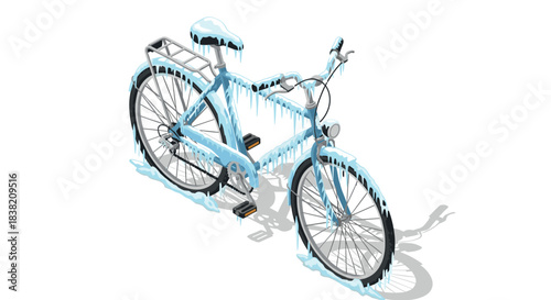 Icy bicycle covered in hanging icicles on a winter day