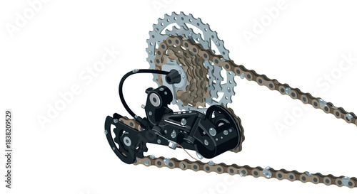 Realistic bicycle gear mechanism with chain and derailleur on white background