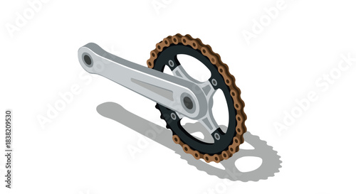 Isometric bicycle crankset with chainring on white background