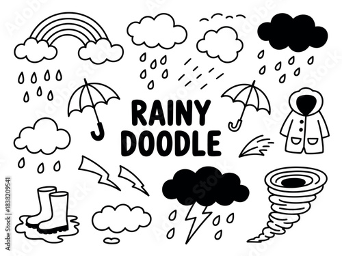 A charming collection of hand-drawn doodle icons representing various aspects of rainy weather and storms.