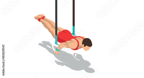 Isometric gymnast performing iron cross on rings in red attire with shadow detail