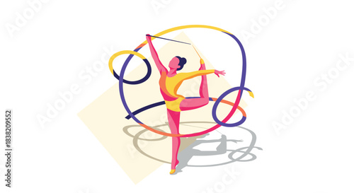 Colorful rhythmic gymnast performing with ribbon in dynamic pose