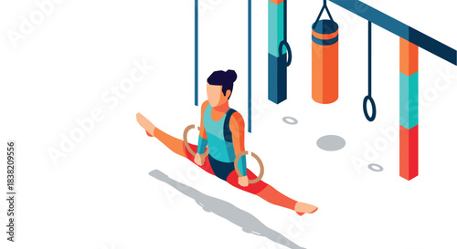 Isometric gymnast performing splits on rings in colorful gym setting