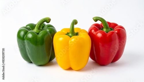 Three Colorful Bell Peppers (Red, Yellow, Green) Isolated on White Background