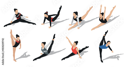 Gymnast women performing rhythmic dance moves in dynamic poses