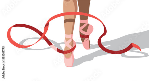 Graceful ballet dance with flowing ribbon and pink pointe shoes on white background