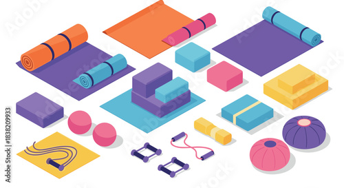 Isometric yoga equipment collection: colorful mats, blocks, and accessories for fitness and wellness