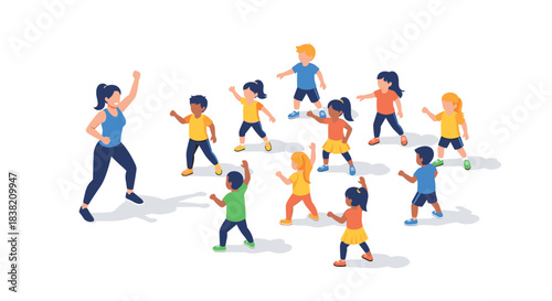 Kids' fitness class: lively group exercise with energetic leader in bright, colorful setting