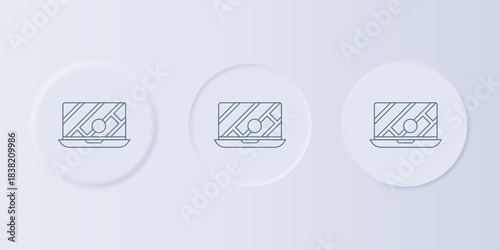 Grey Infographic of city map navigation icon isolated on grey background. Laptop App Interface concept design. Geolocation concept. Set icons in square buttons. Vector