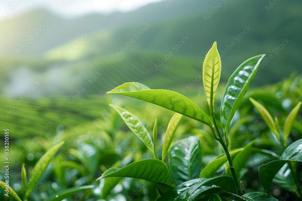Obraz premium Symmetrical green tea bud and fresh leaves on tea plantations, generative ai