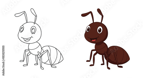 A cute cartoon ant coloring page for children featuring the black and white line art and a colored brown example.
