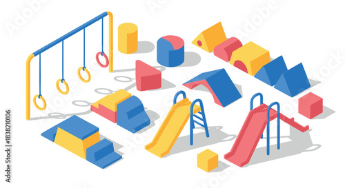 Colorful isometric playground equipment with slides and climbing structures