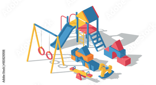 Colorful playground equipment isometric set with slide and swings