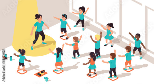 Children's fitness class with instructor in bright room setting