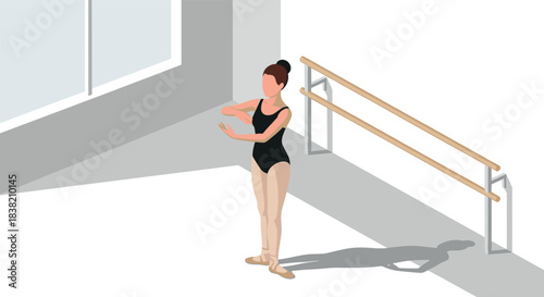 Ballet dancer practicing in sunlit studio with barre in isometric design