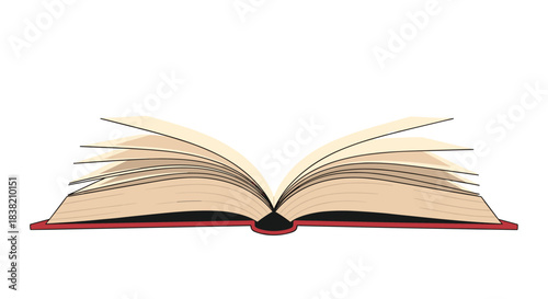 A simple illustration of an open book with a red cover and turning pages isolated on a clean white background.