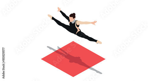 Isometric gymnast performing leap over red mat with shadow