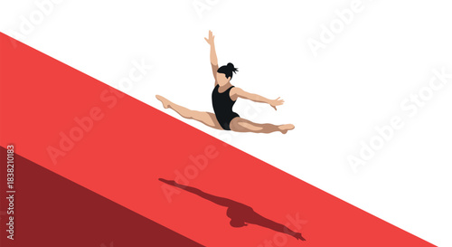 Dynamic gymnast leaping against red geometric background
