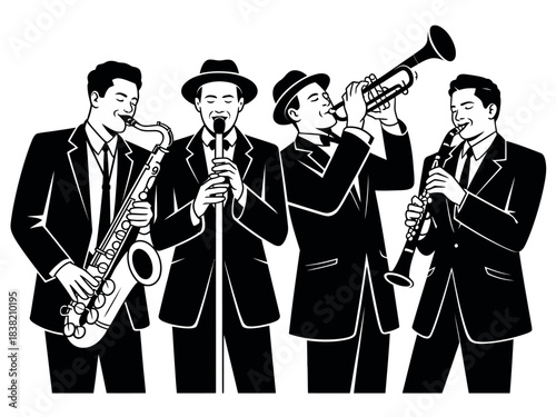 A four-piece jazz band dressed in suits and hats performs a lively musical ensemble with various instruments.