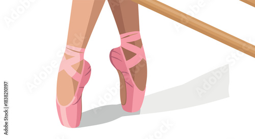 Isometric ballet pointe shoes in dance studio setting with wooden barre
