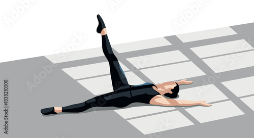 Modern flat design of a man stretching in a sunlit room with geometric shadows
