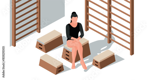 Isometric female gymnast in training setting with gym equipment