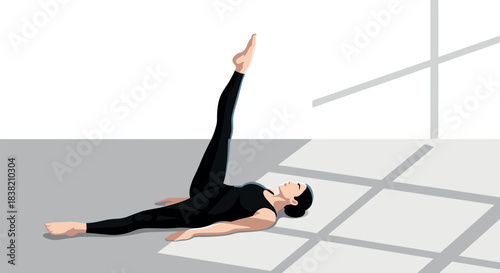 Flat style woman practicing pilates exercise on floor with sunlight and shadows