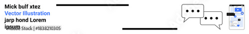 Communication, digital interaction, messaging apps, user interface, mobile technology, online services. Two speech bubbles with dots and smartphone screen. Communication and digital interaction