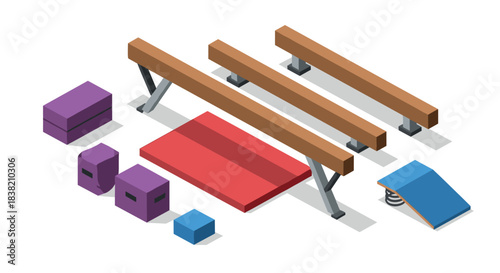 Isometric gym equipment for training and fitness with balance beam and blocks
