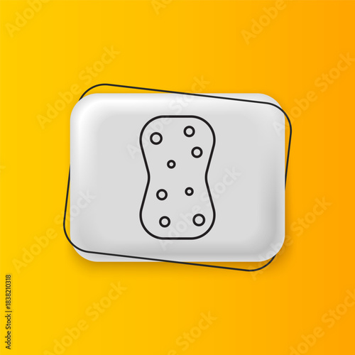 Black Sponge with bubbles icon isolated on yellow background. Wisp of bast for washing dishes. Cleaning service logo. Silver rectangle button. Vector