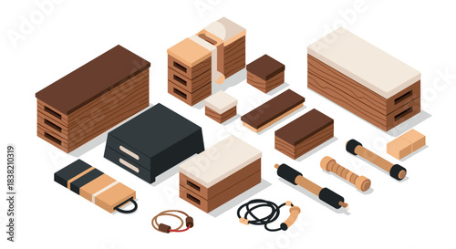 Modern isometric furniture set with fitness accessories