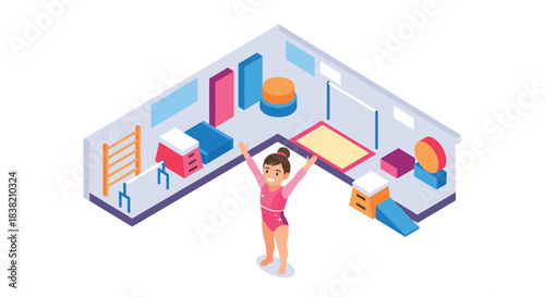 Isometric gymnastics training center with girl in pink leotard