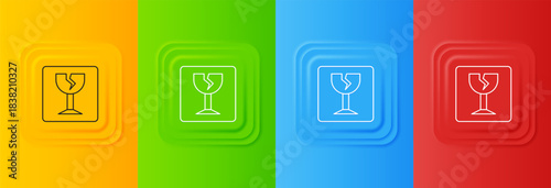 White Fragile broken glass symbol for delivery boxes icon isolated on colorful background. Set icons in square buttons. Vector